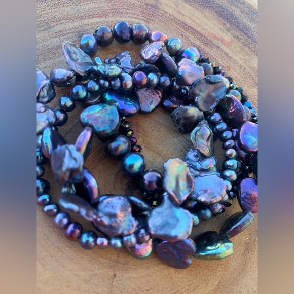 Natural Black Peacock Baroque Freshwater Pearl Cultured Bead Bracelet Stack - Picture 9 of 10